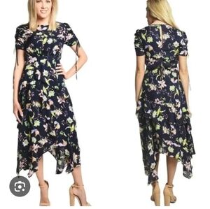 Women's Tanya Taylor CossetteNavy Floral Midi Dress with Asymmetric Hem Size 2